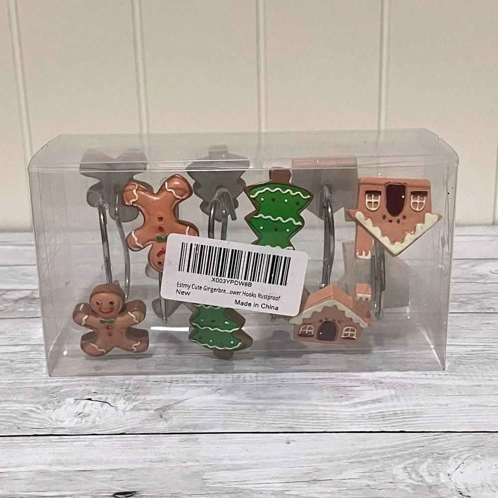 Christmas Gingerbread Man Tree House Shower Curtain Hooks Set of‎ 12 New